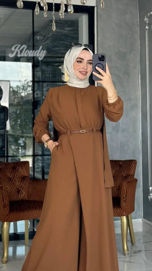 أونسومبل نسائي محتشم بقصة فضفاضة وحزام أنيق