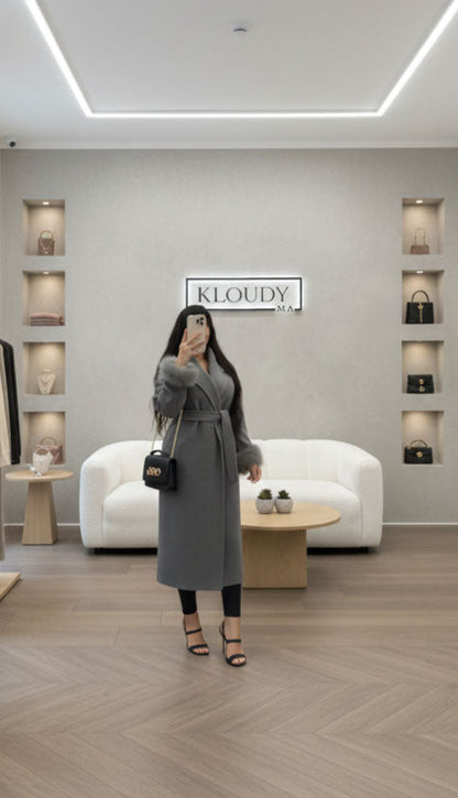 معطف طويل من الكشمير مع الفرو