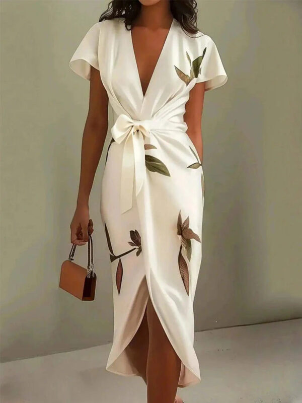 Robe midi satin feuilles blanches